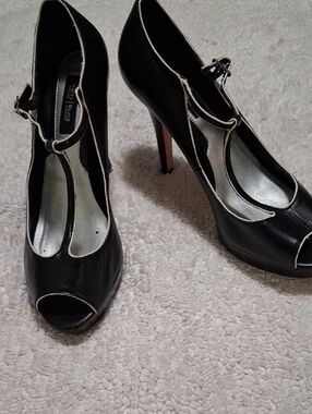 White House Black Market Black T-Strap Peep Toe Heels